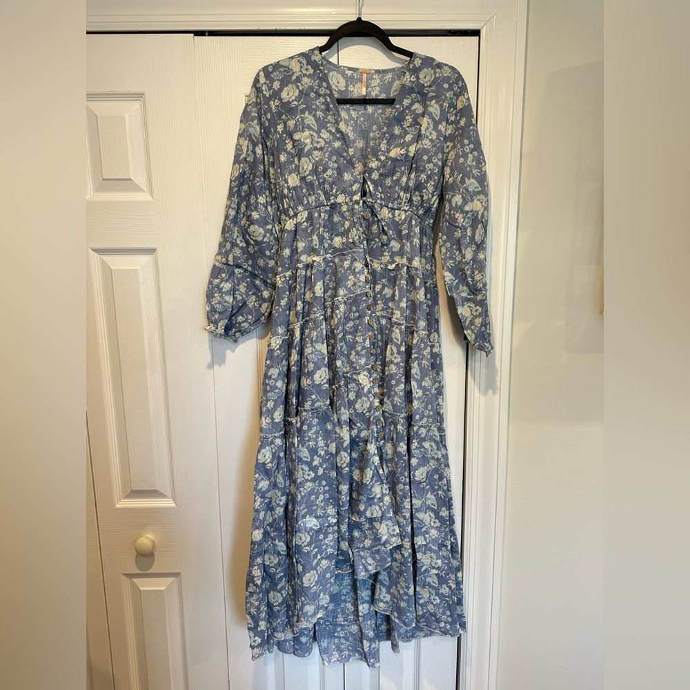 Free People Pale Blue Floral Tiered Long Sleeve Maxi Dress - Picture 3 of 6